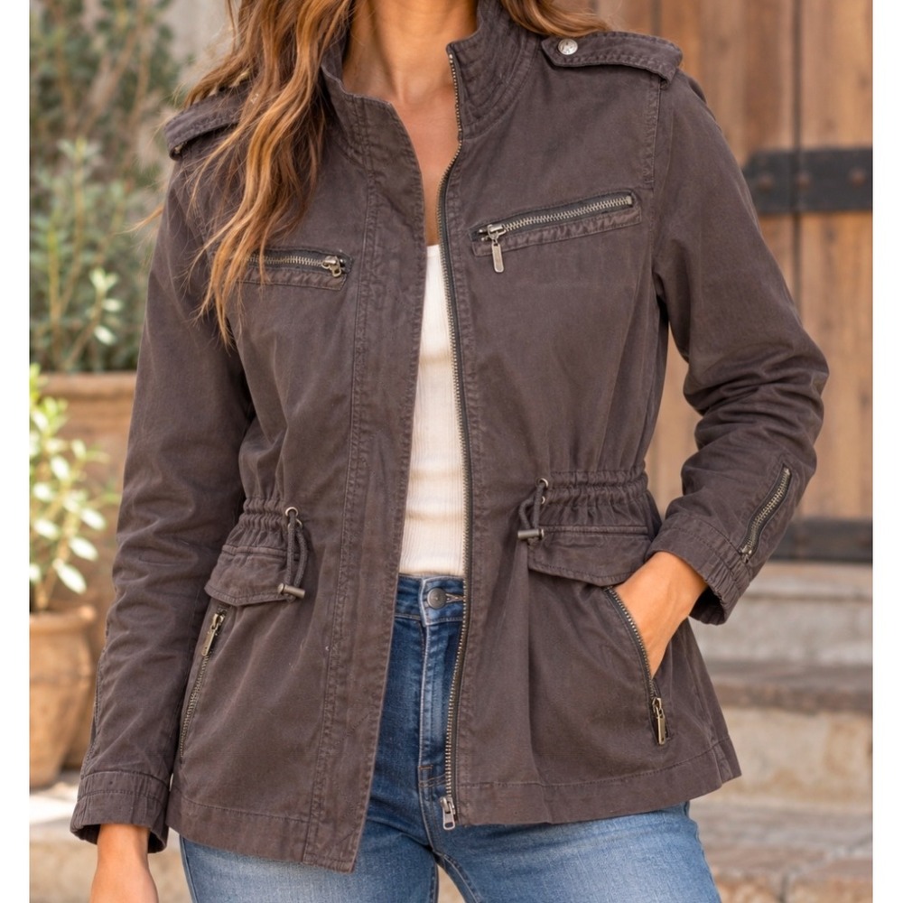 Max Jeans Womens Utility Jacket brown Military Field Coat Small Epaulette Pocket